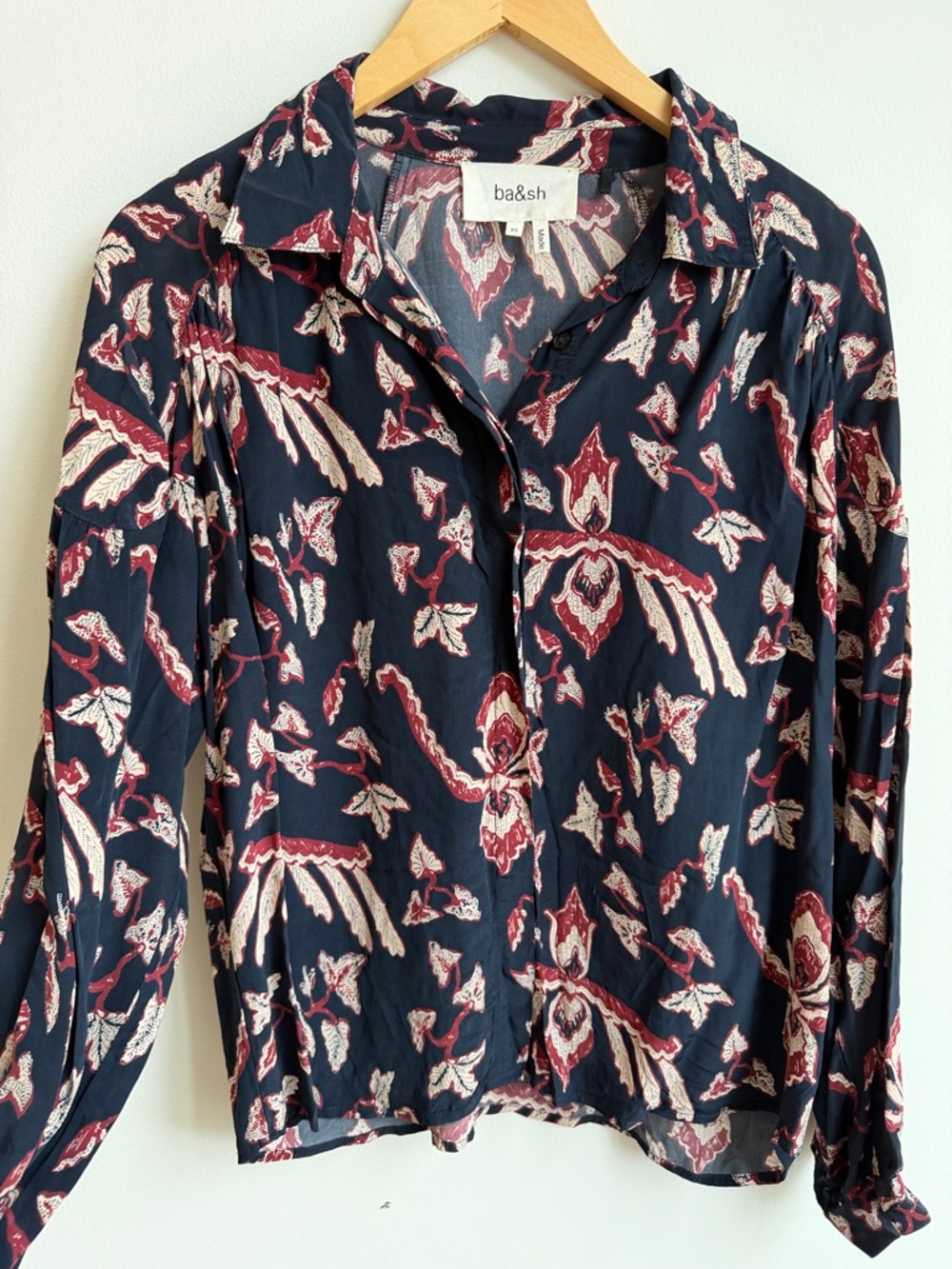 ba&sh Navy Floral-Print Long Sleeve Shirt with Burgundy and Cream Motif
